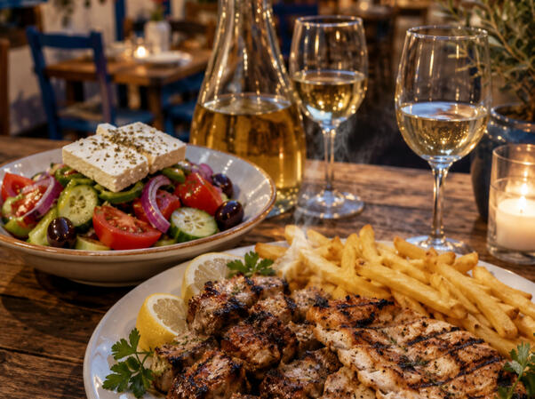 Grilled meat platter, Greek salad and local wine served at Taverna Exanti in Crete.