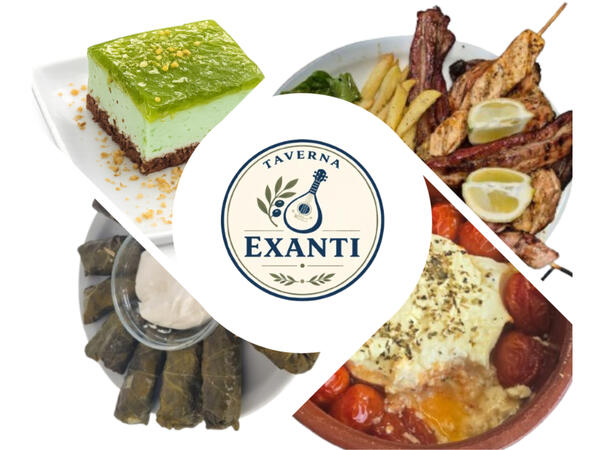 Selection of Cretan dishes, grill specialties and dessert surrounding the Taverna Exanti logo.